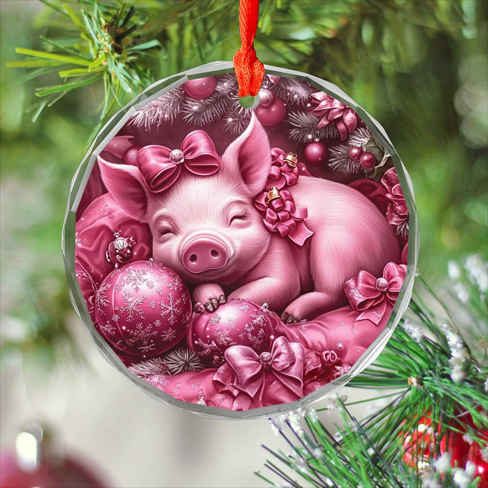Pig Pink Christmas Design 1 Glass Ornament