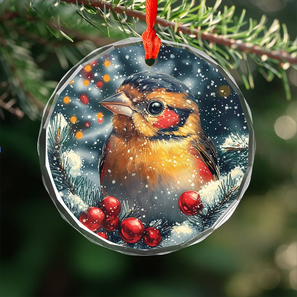 Beautiful Finch Christmas Night Design 2 Glass Ornament