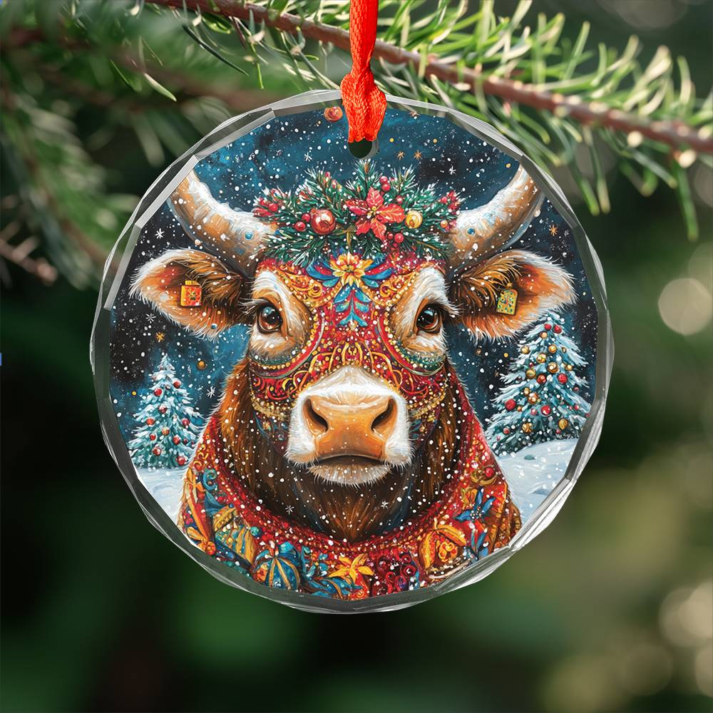 Beautiful Bull Christmas Night Design 4 Glass Ornament