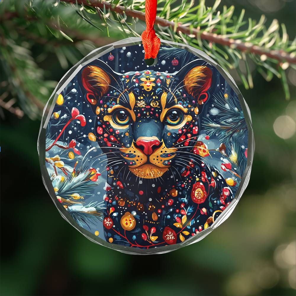 Beautiful Panther Christmas Night Design 2 Glass Ornament