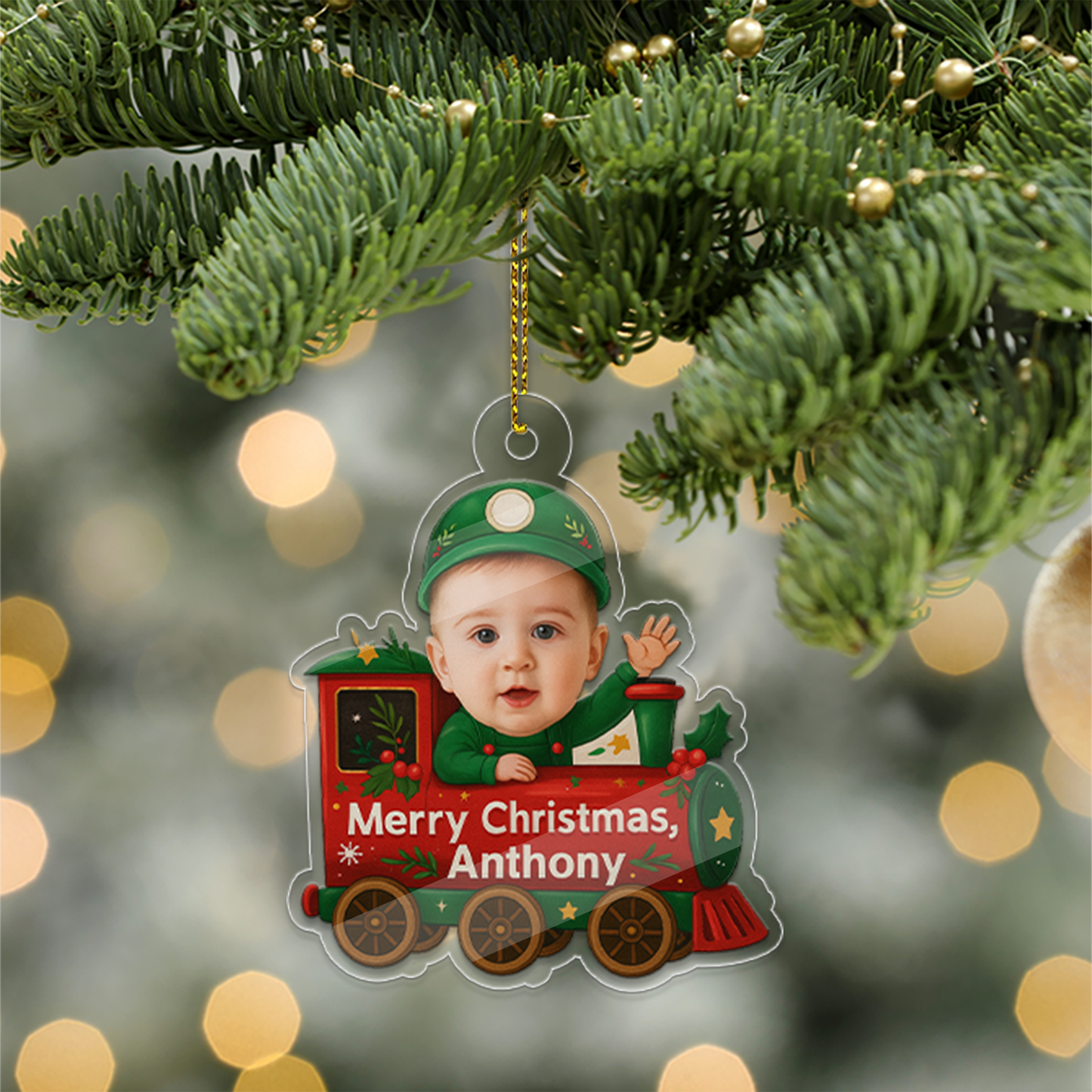 Custom Photo Baby In Train Acrylic Ornament, Funny Christmas Ornament, Custom Face Picture Ornament, Christmas Tree Decor