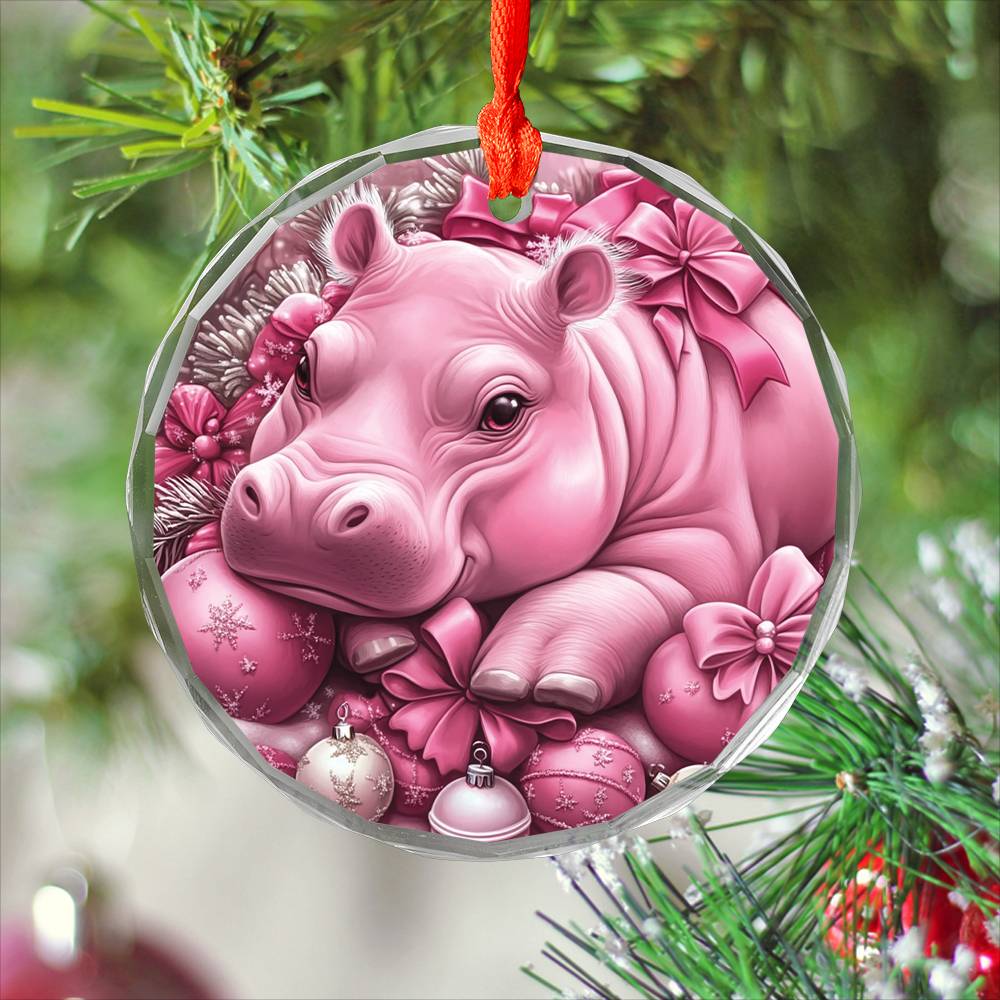 Hippo Pink Christmas Design 1 Glass Ornament