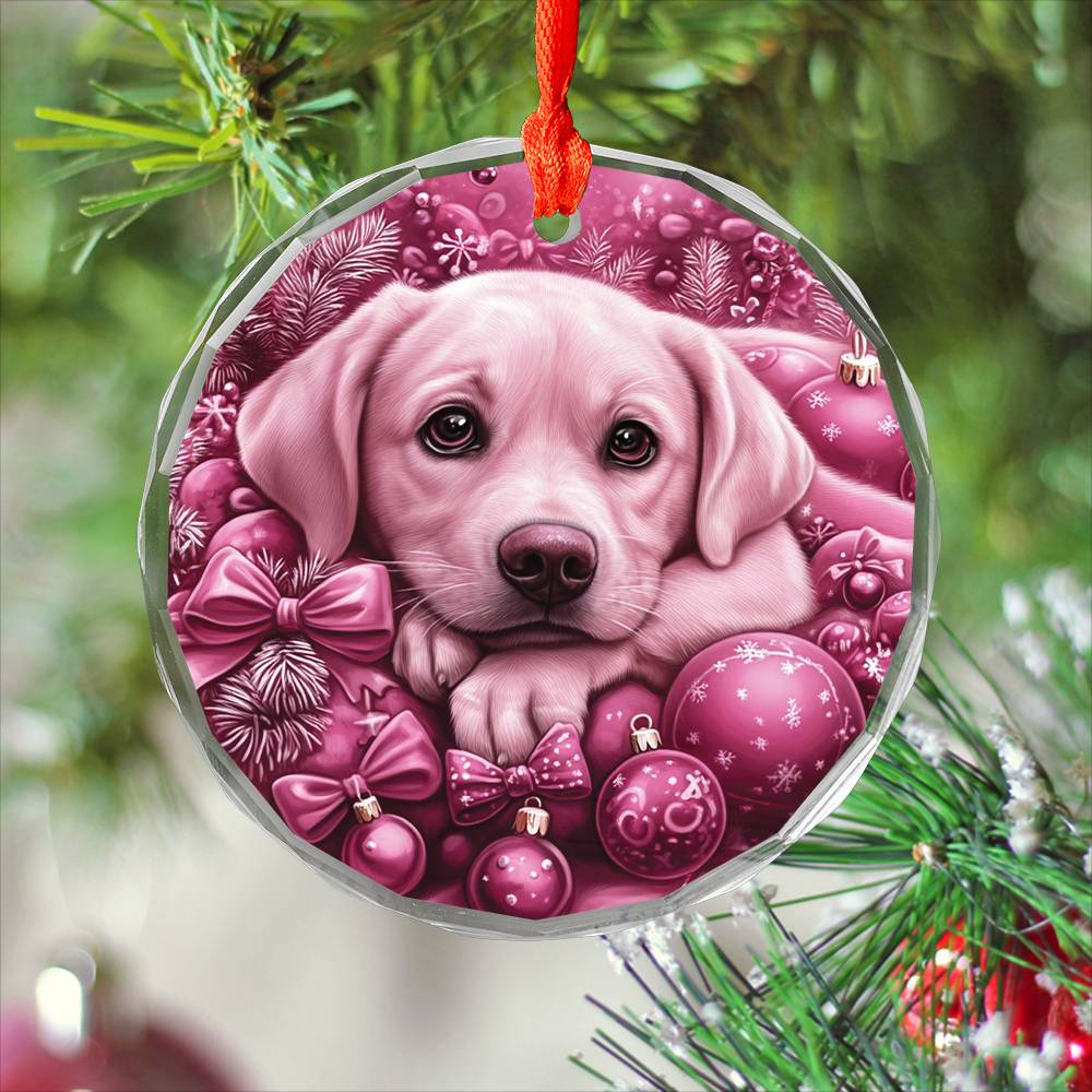 Labrador Retriever Dog Pink Christmas Design 3 Glass Ornament
