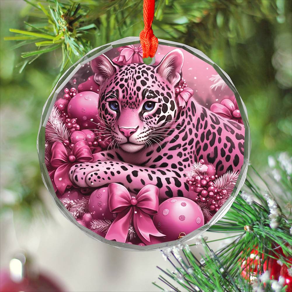 Jaguar Pink Christmas Design 4 Glass Ornament