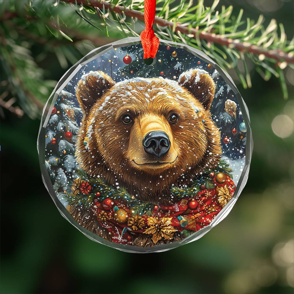 Beautiful Angus Grizzly Bear Christmas Night Design 1 Glass Ornament