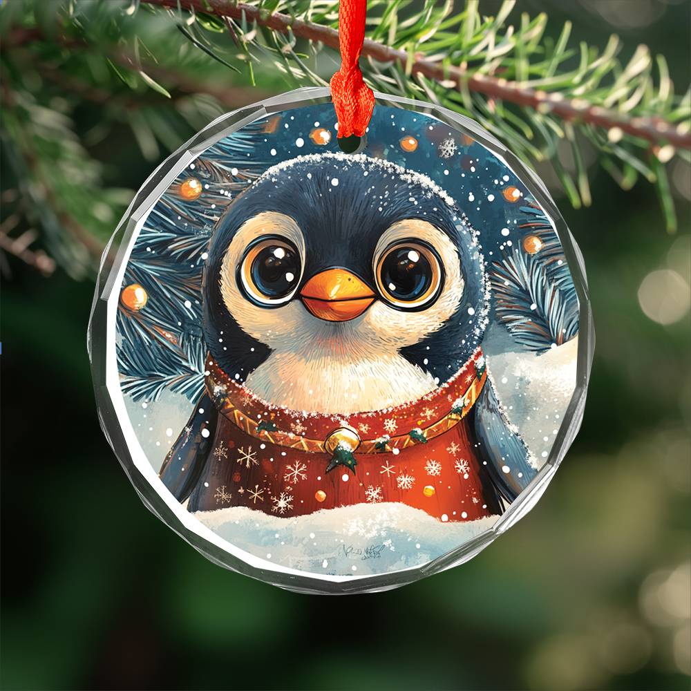 Beautiful Angus Penguin Christmas Night Design 1 Glass Ornament