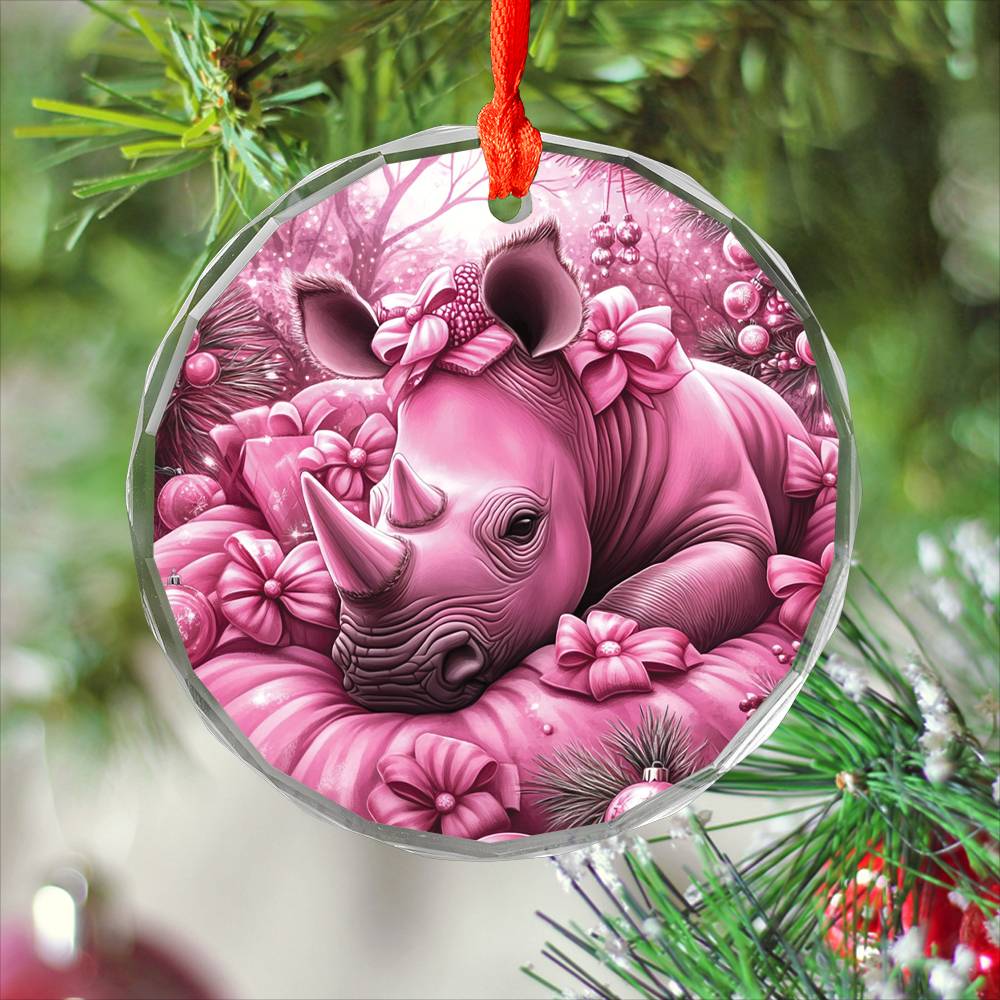 Rhino Pink Christmas Design 1 Glass Ornament