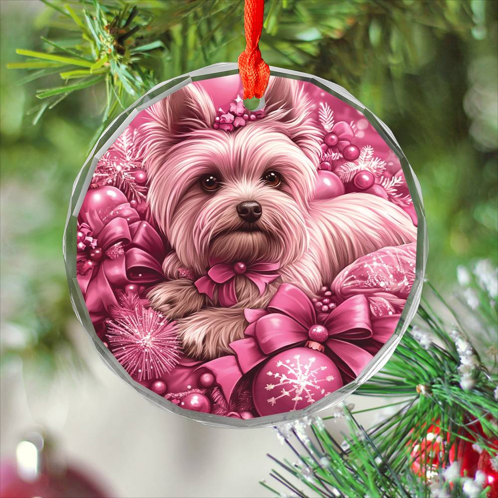 Yorkshire Terrier Dog Pink Christmas Design 3 Glass Ornament