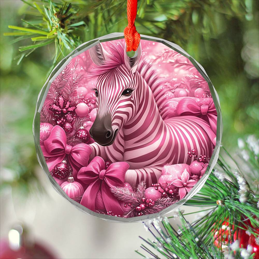 Zebra Pink Christmas Design 4 Glass Ornament