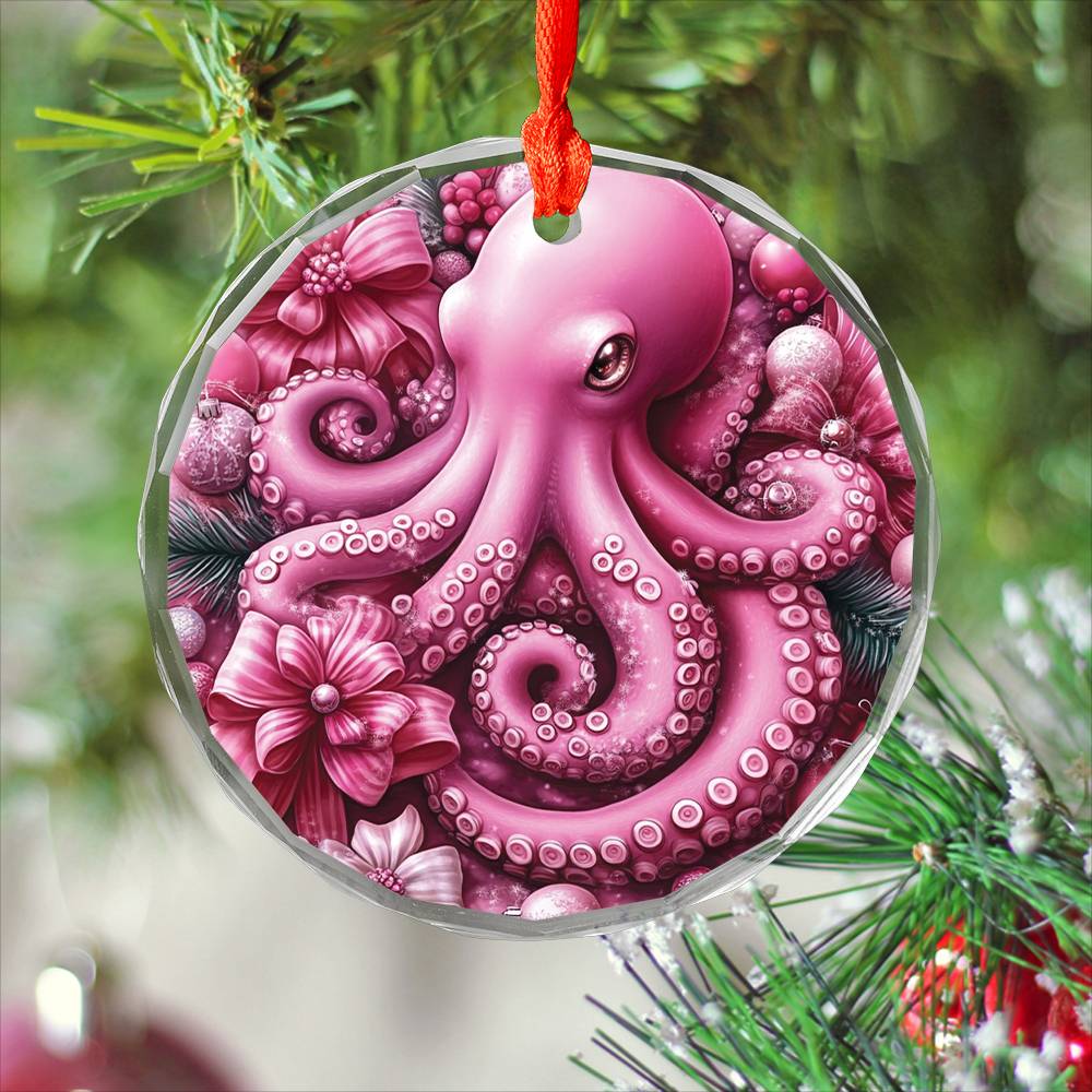 Octopus Pink Christmas Design 1 Glass Ornament
