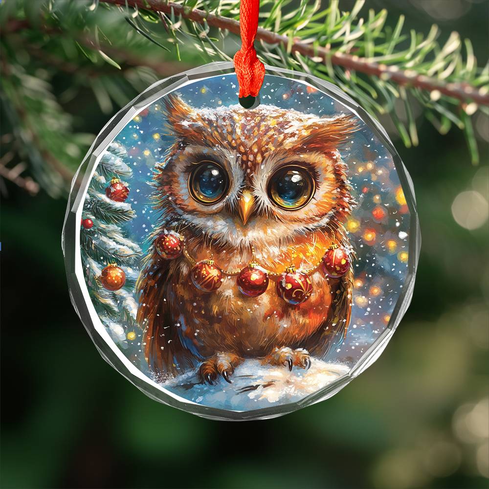 Beautiful Owl Christmas Night Design 3 Glass Ornament