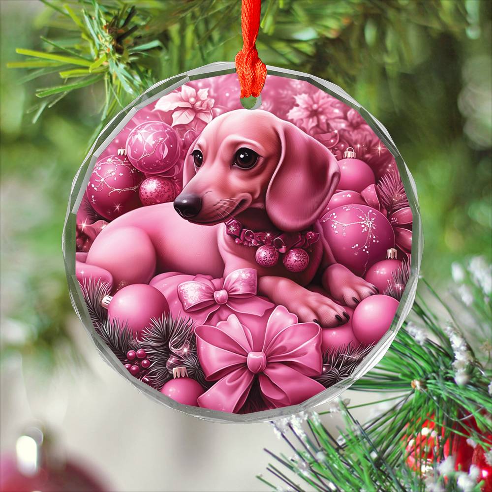 Dachshund Dog Pink Christmas Design 2 Glass Ornament