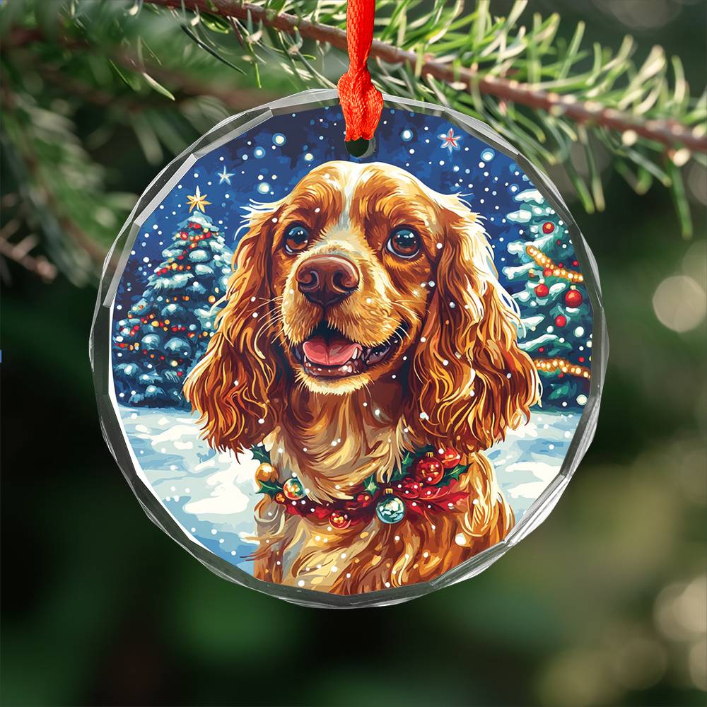 Beautiful English Cocker Spaniel Dog Christmas Night Design 1 Glass Ornament