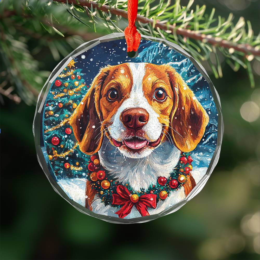 Beautiful Angus Beagle Dog Christmas Night Design 3 Glass Ornament