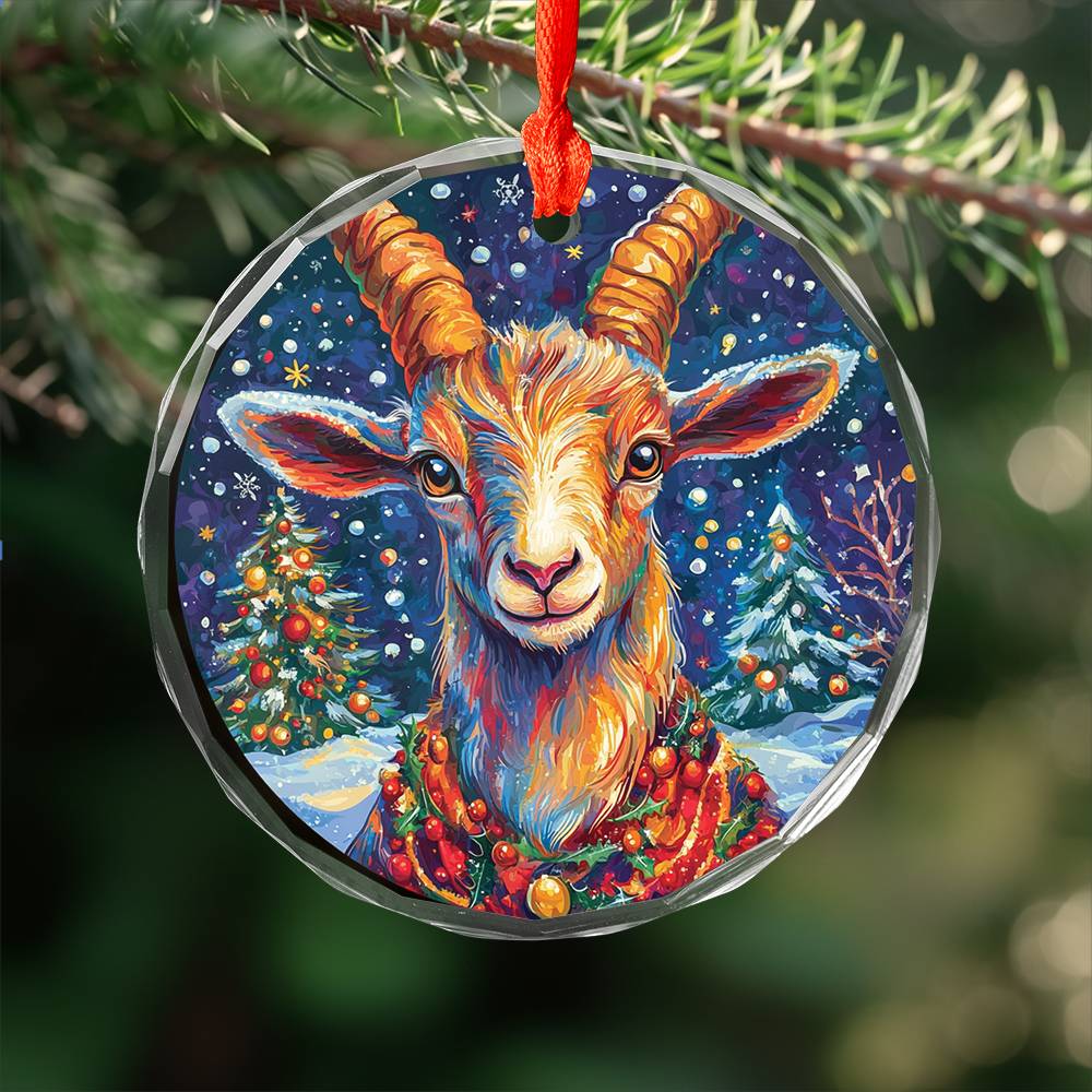 Beautiful Goat Christmas Night Design 2 Glass Ornament