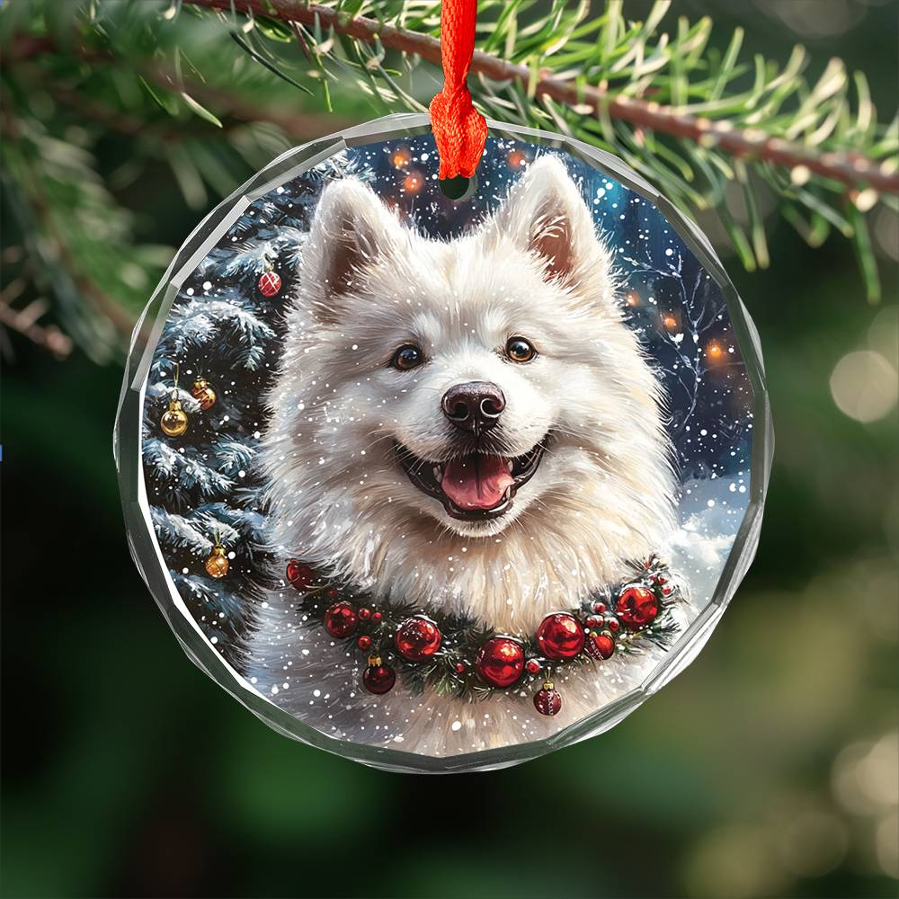 Beautiful Samoyed Dog Christmas Night Design 3 Glass Ornament