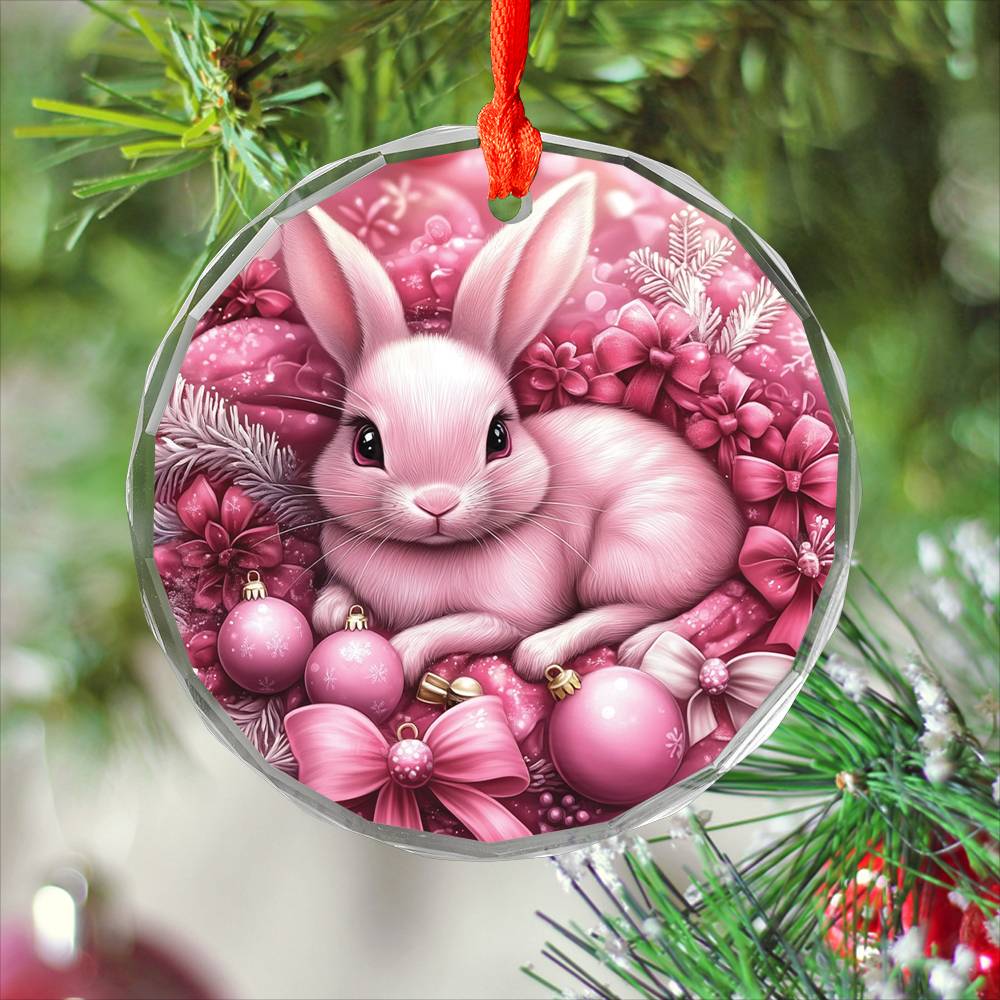 Rabbit Pink Christmas Design 1 Glass Ornament