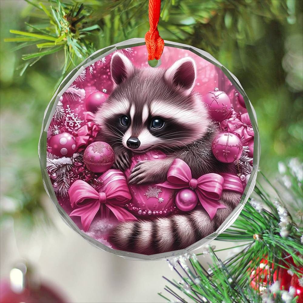 Racoon Pink Christmas Design 1 Glass Ornament