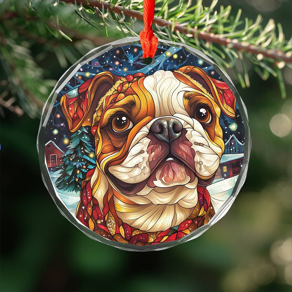 Beautiful Angus Bulldog Dog Christmas Night Design 2 Glass Ornament