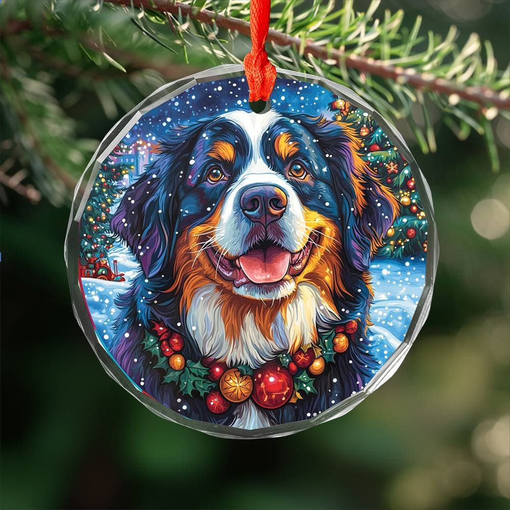 Beautiful Angus Bernese Mountain Dog Christmas Night Design 1 Glass Ornament