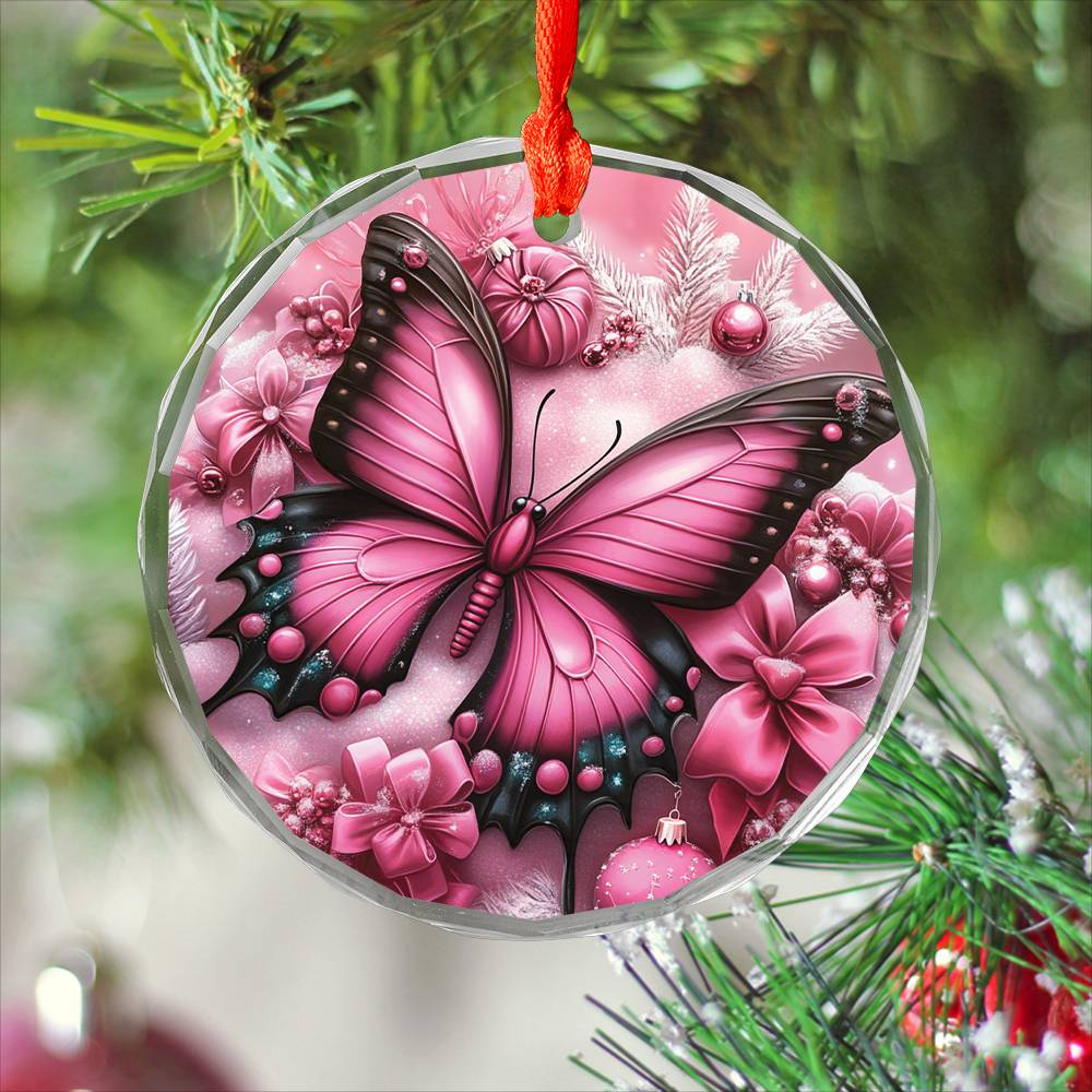 Butterfly Pink Christmas Design 3 Glass Ornament