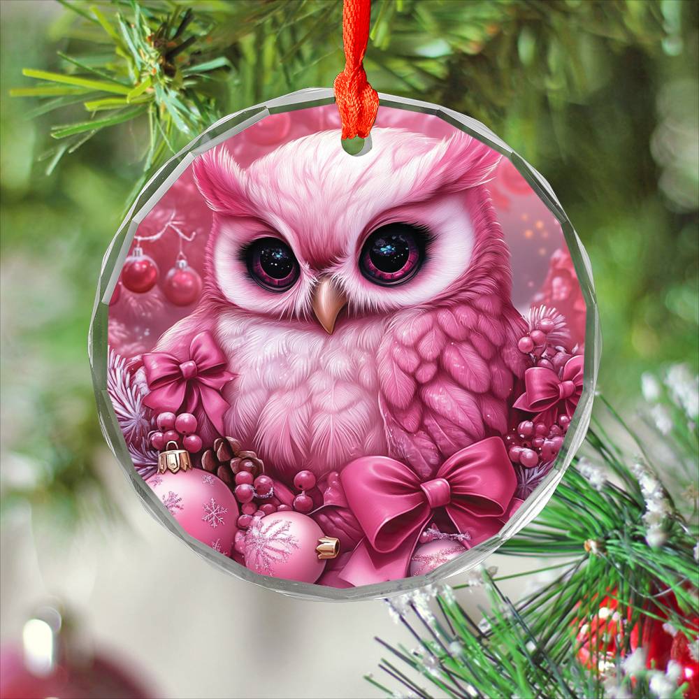 Owl Pink Christmas Design 4 Glass Ornament