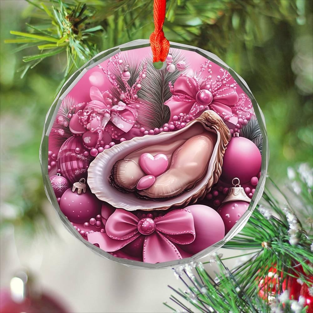 Oysters Pink Christmas Design 3 Glass Ornament