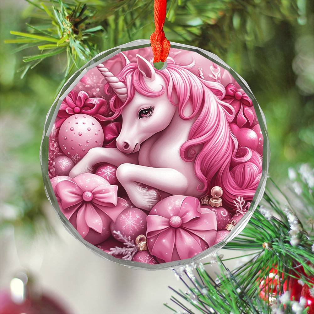 Unicorn Pink Christmas Design 1 Glass Ornament