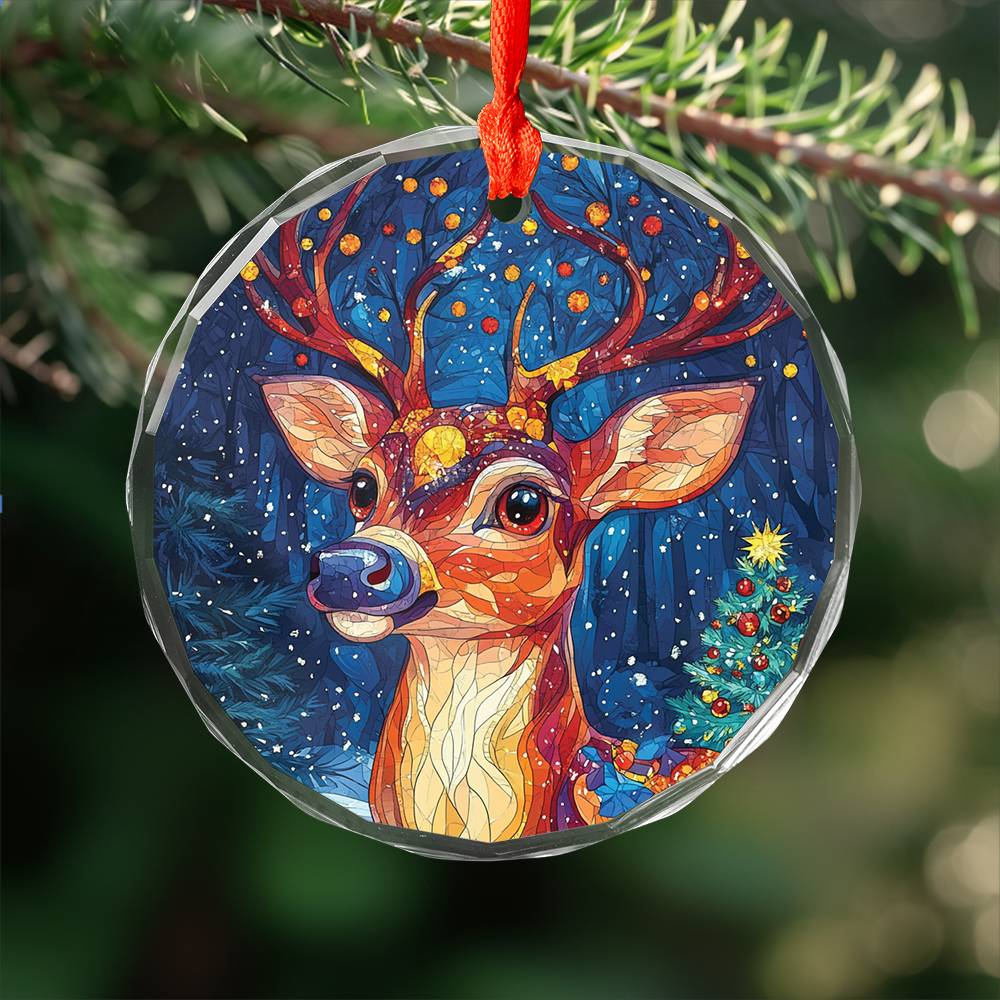 Beautiful Angus Deer Christmas Night Design 4 Glass Ornament