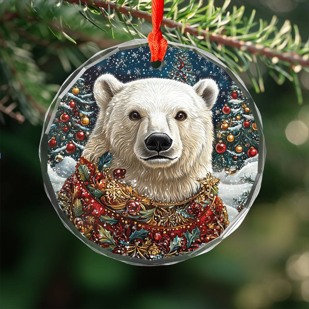 Beautiful Angus Polar Bear Christmas Night Design 3 Glass Ornament