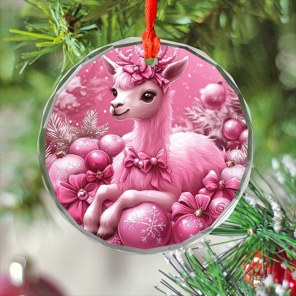 Alpaca Pink Christmas Design 1 Glass Ornament