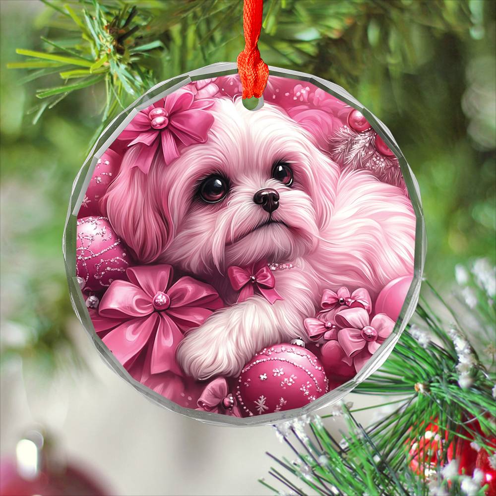 Shih Tzu Dog Pink Christmas Design 1 Glass Ornament