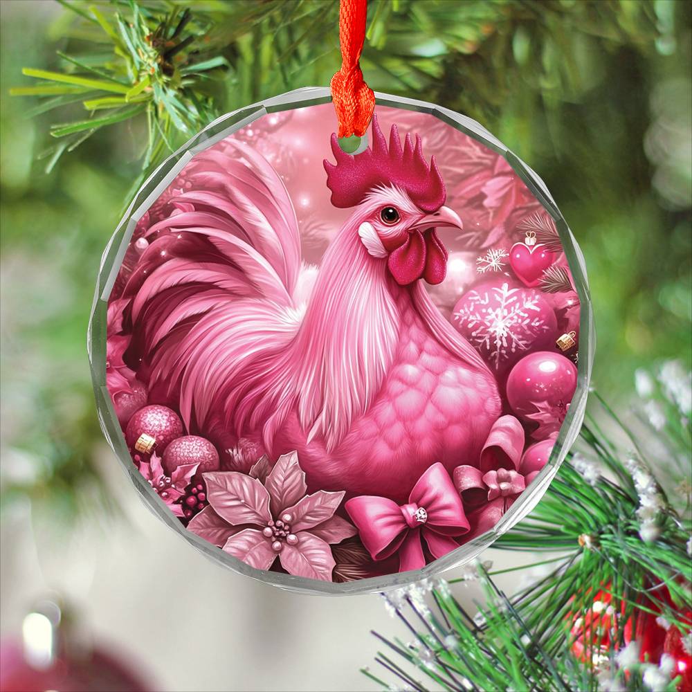 Rooster Pink Christmas Design 2 Glass Ornament