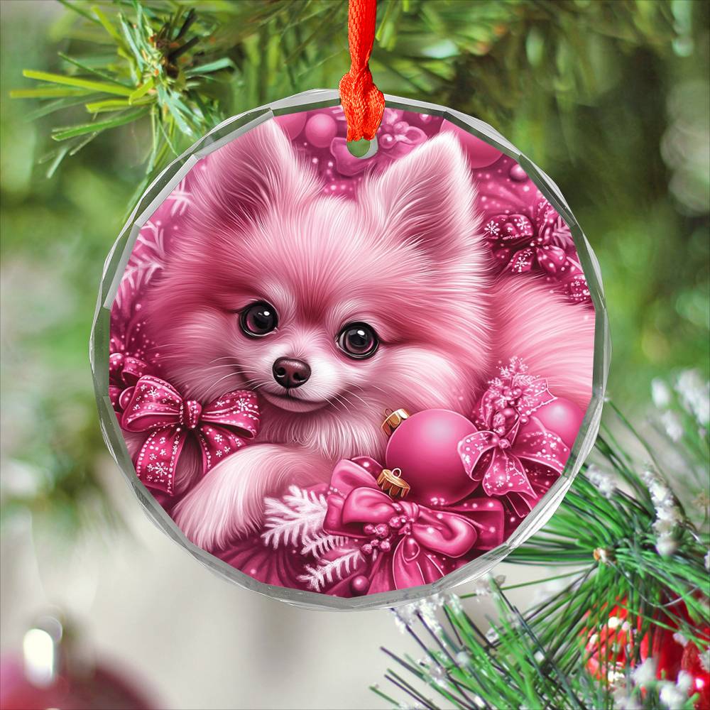 Pomeranian Dog Pink Christmas Design 3 Glass Ornament