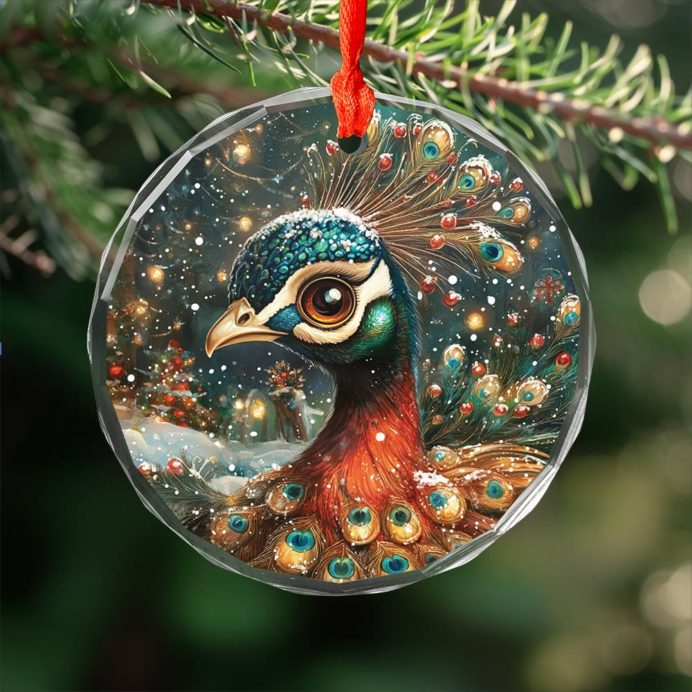 Beautiful Peacock Christmas Night Design 3 Glass Ornament