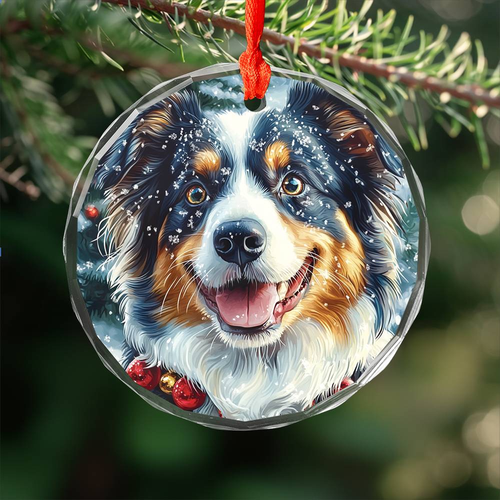 Beautiful Angus Australian Shepherd Dog Christmas Night Design 4 Glass Ornament