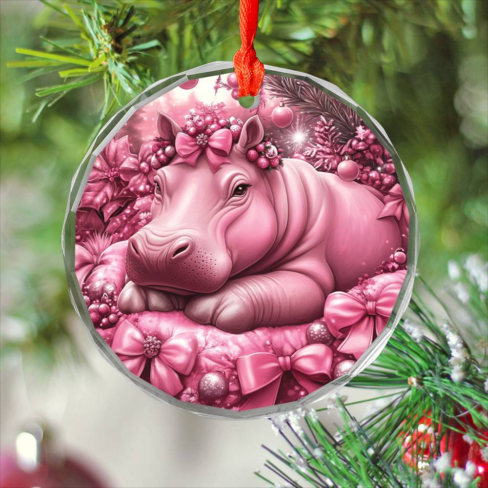 Hippo Pink Christmas Design 2 Glass Ornament
