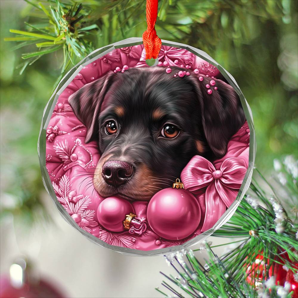 Christmas Rottweiler Dog Pink Christmas Design 2 Glass Ornament