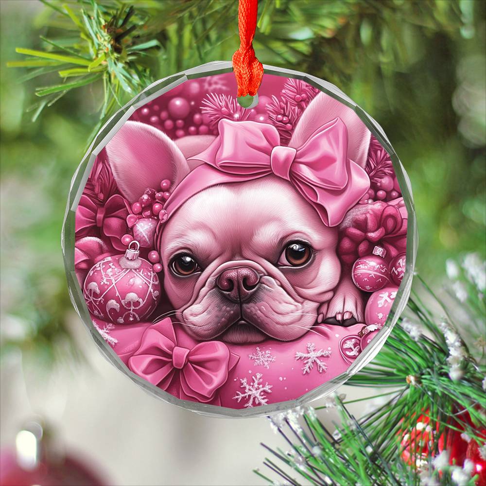 French Bulldog Pink Christmas Design 4 Glass Ornament