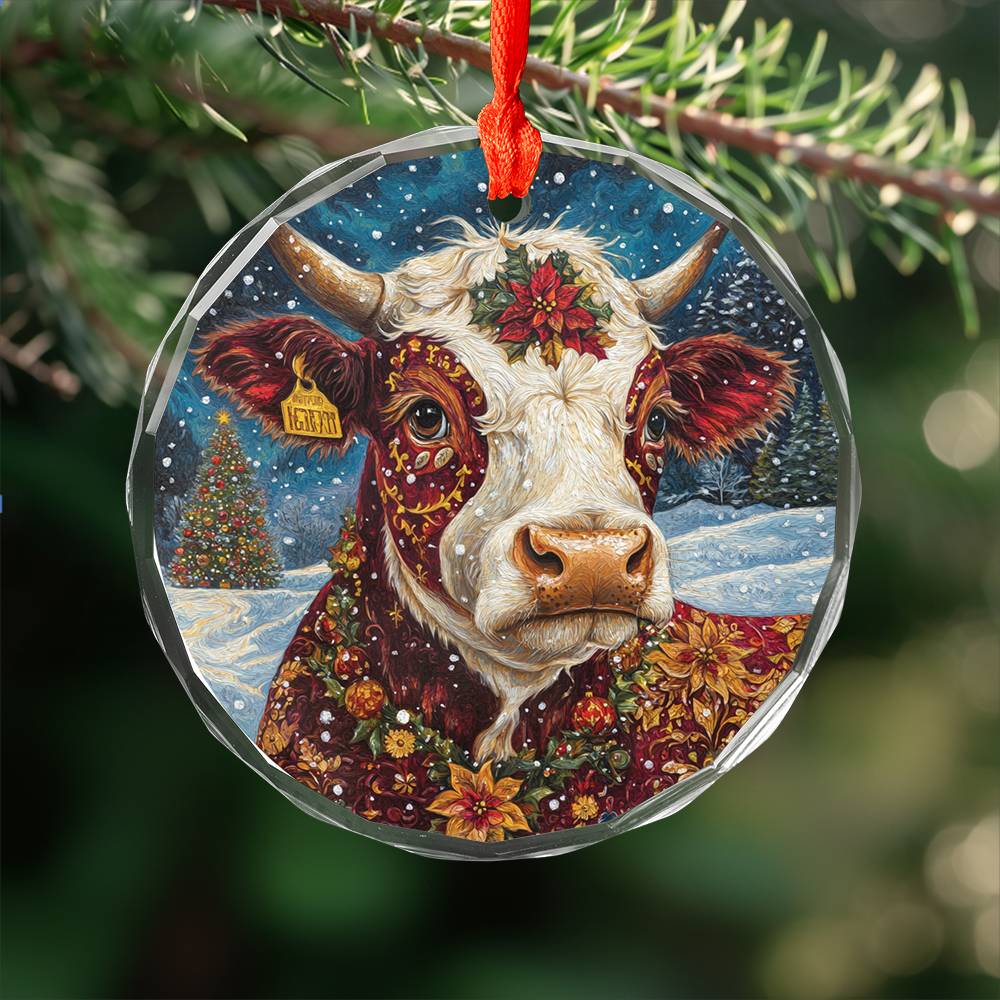 Beautiful Hereford Cow Christmas Night Design 1 Glass Ornament