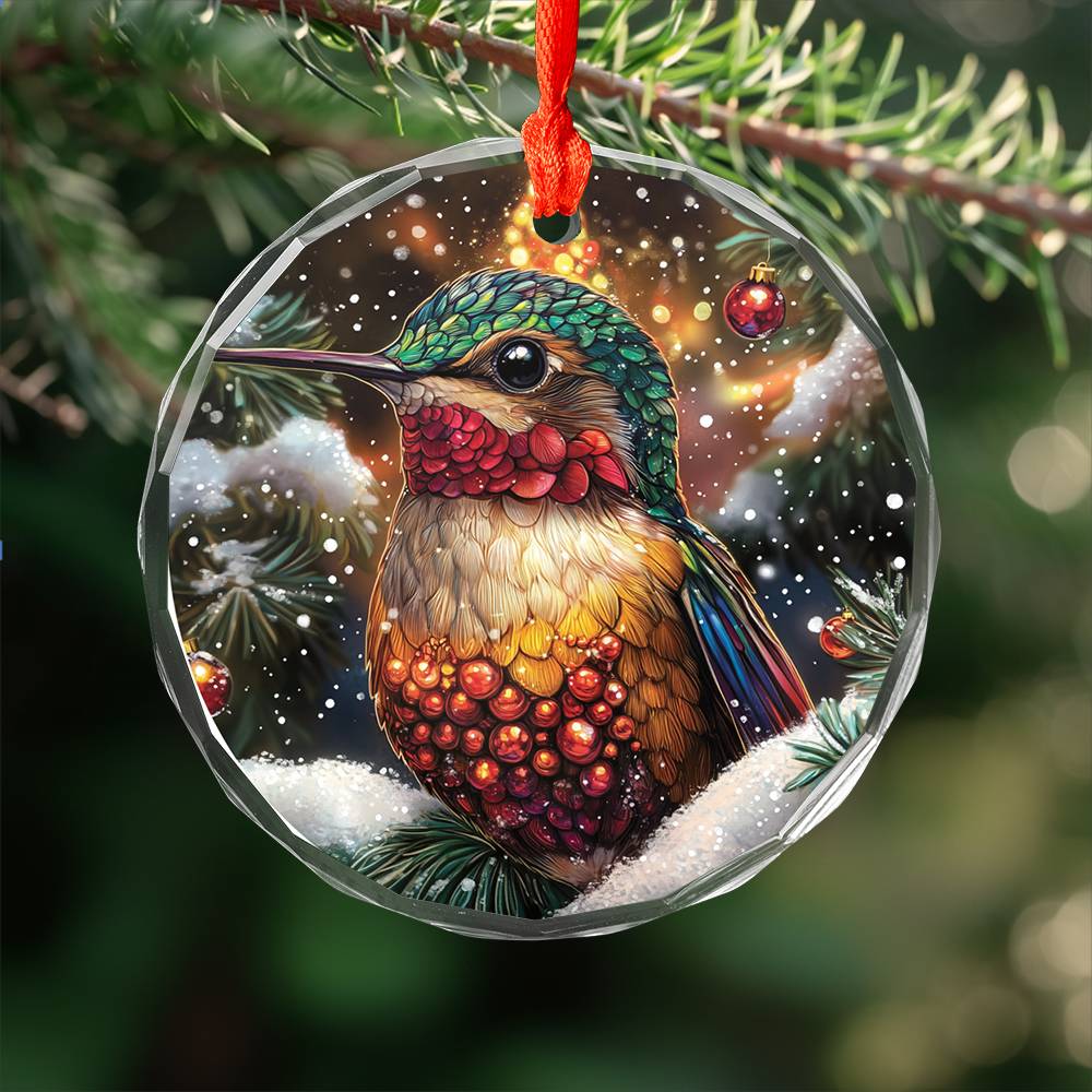 Beautiful Hummingbird Christmas Night Design 1 Glass Ornament