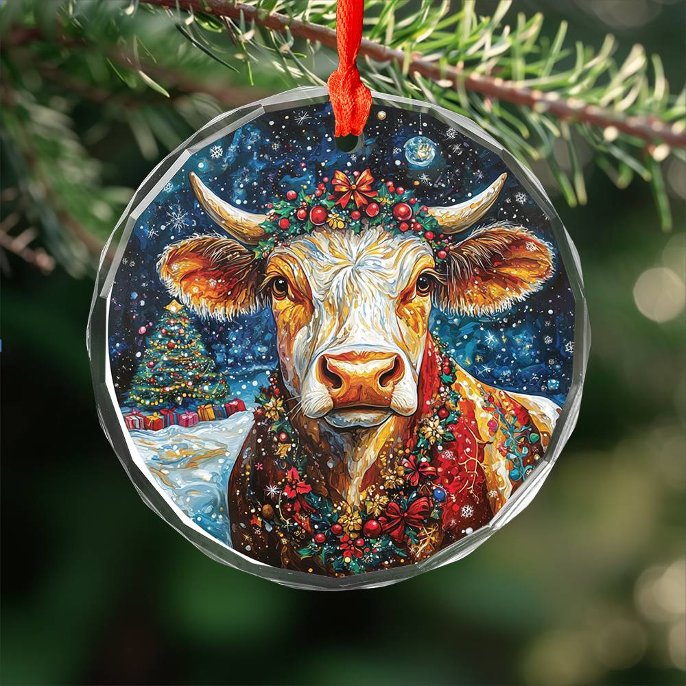Beautiful Dairy Cow Christmas Night Design 1 Glass Ornament