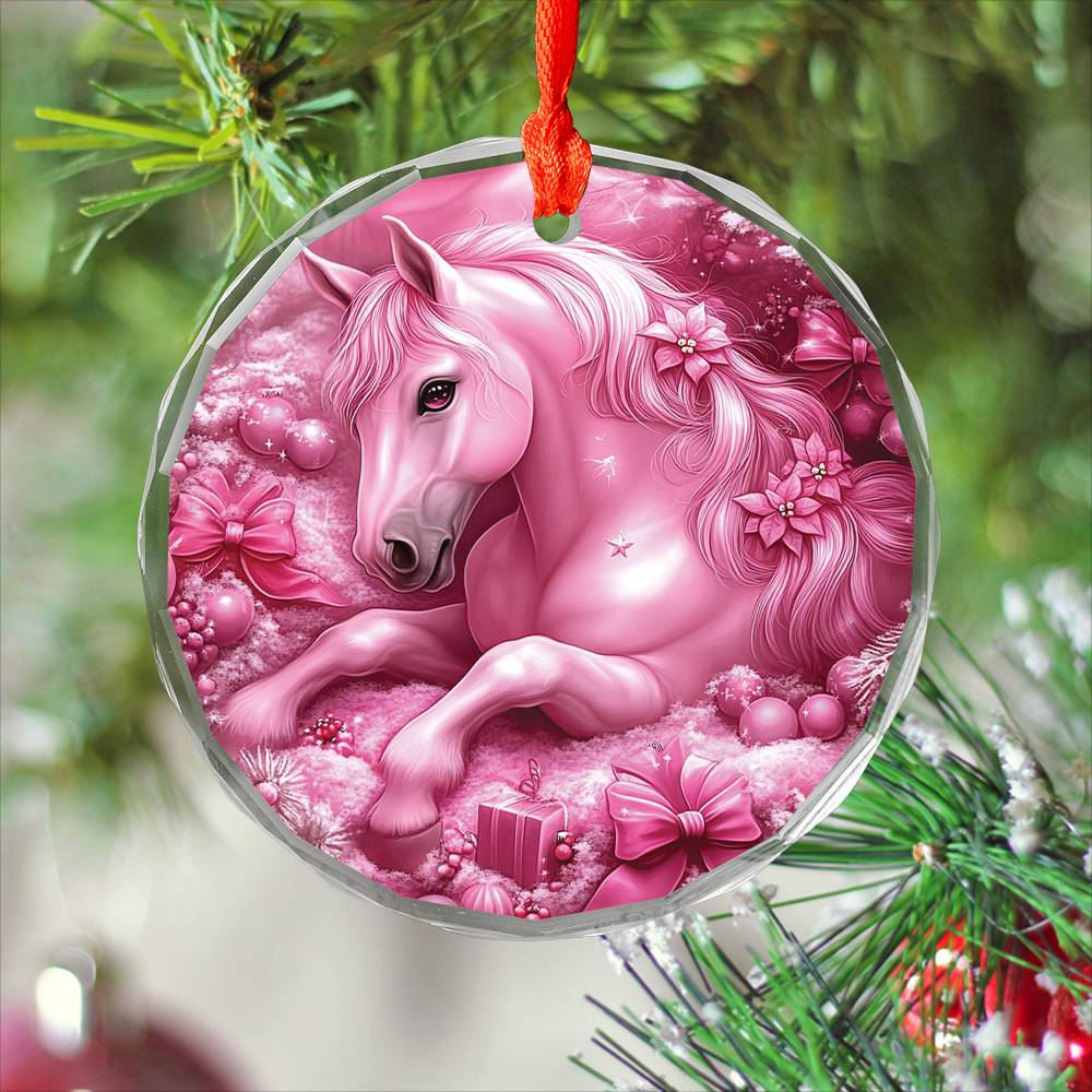 Horse Pink Christmas Design 1 Glass Ornament