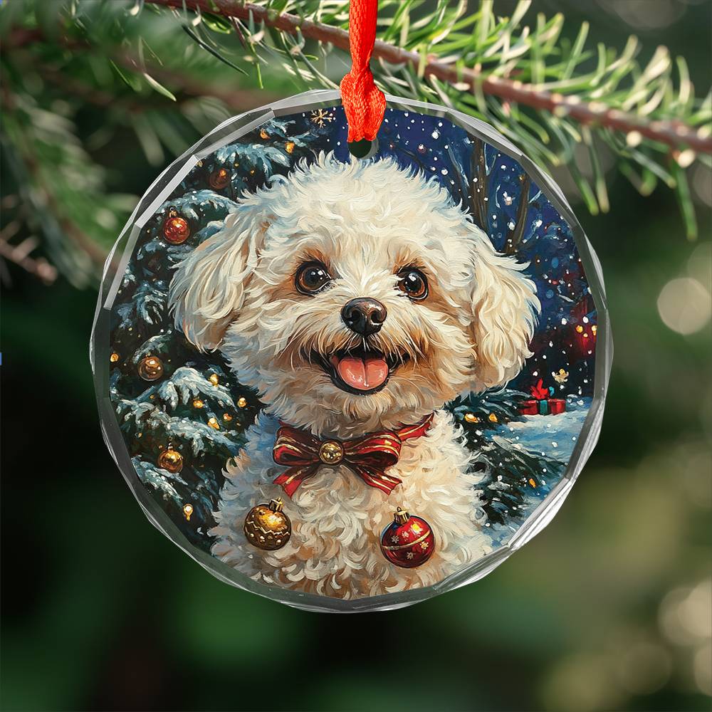 Beautiful Bichon Frise Dog Christmas Night Design 1 Glass Ornament