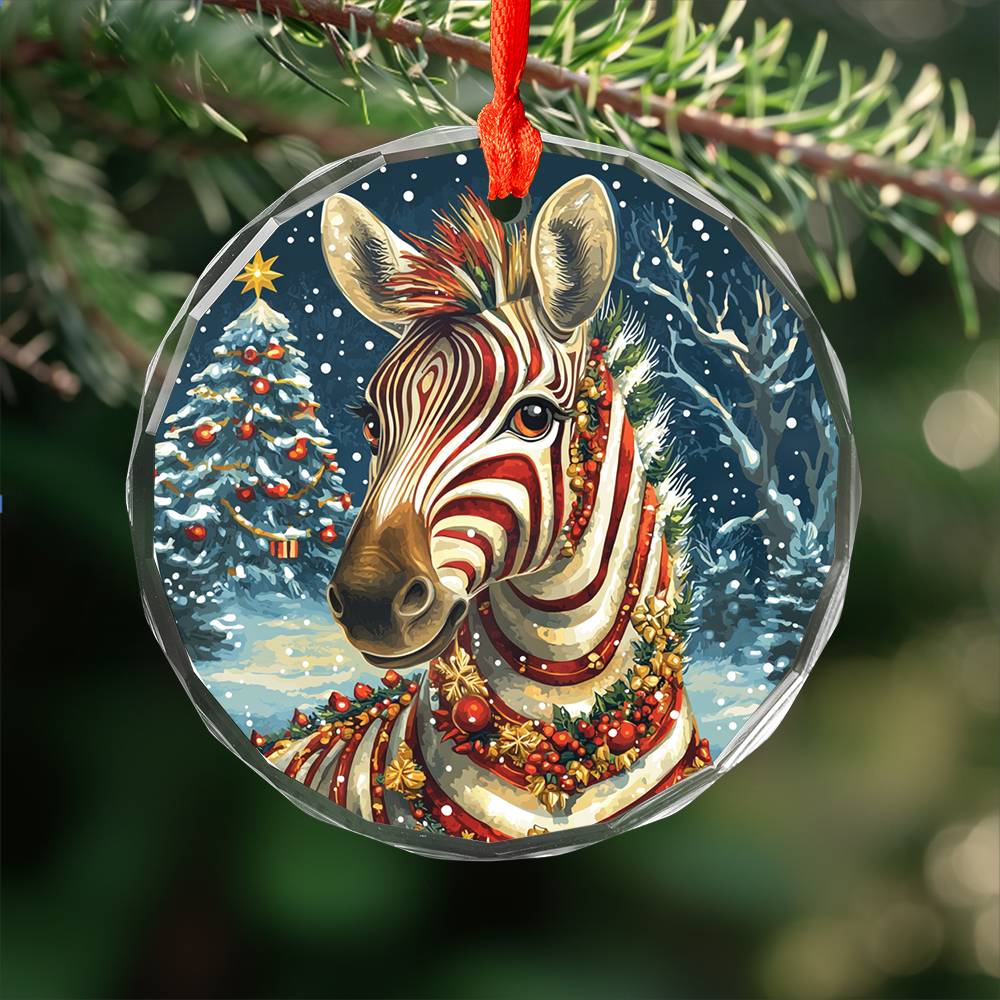 Beautiful Zebra Christmas Night Design 1 Glass Ornament