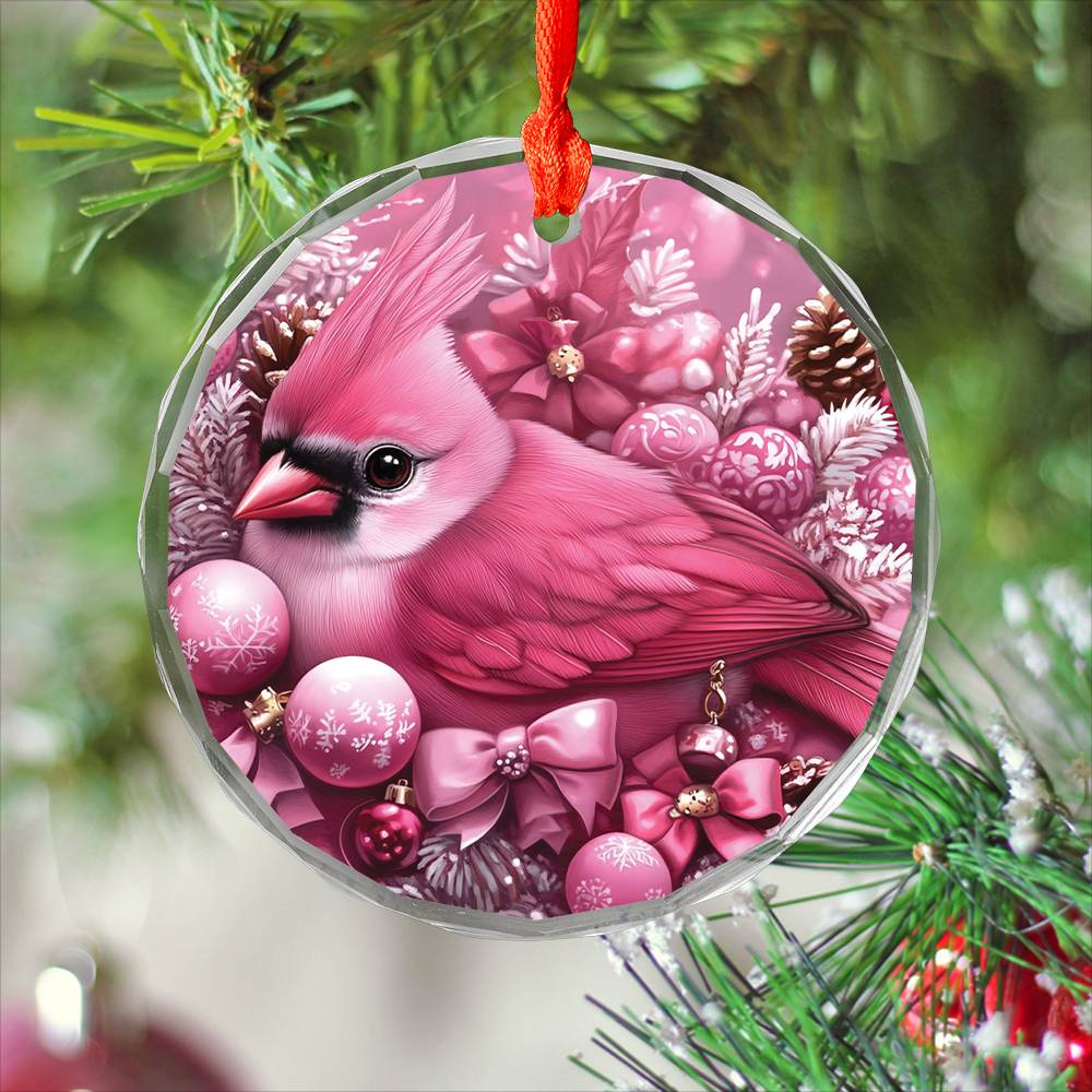 Cardinal Pink Christmas Design 1 Glass Ornament
