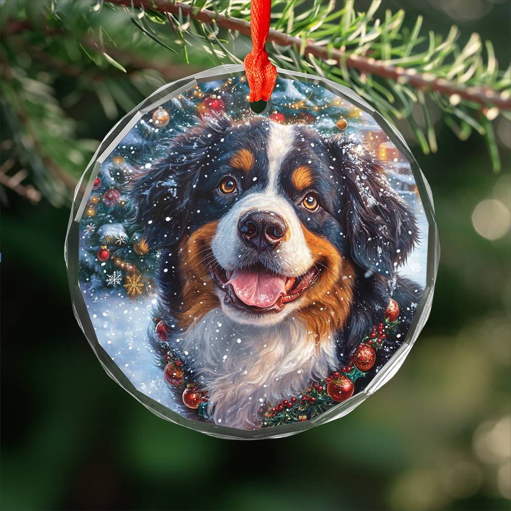 Beautiful Angus Bernese Mountain Dog Christmas Night Design 3 Glass Ornament