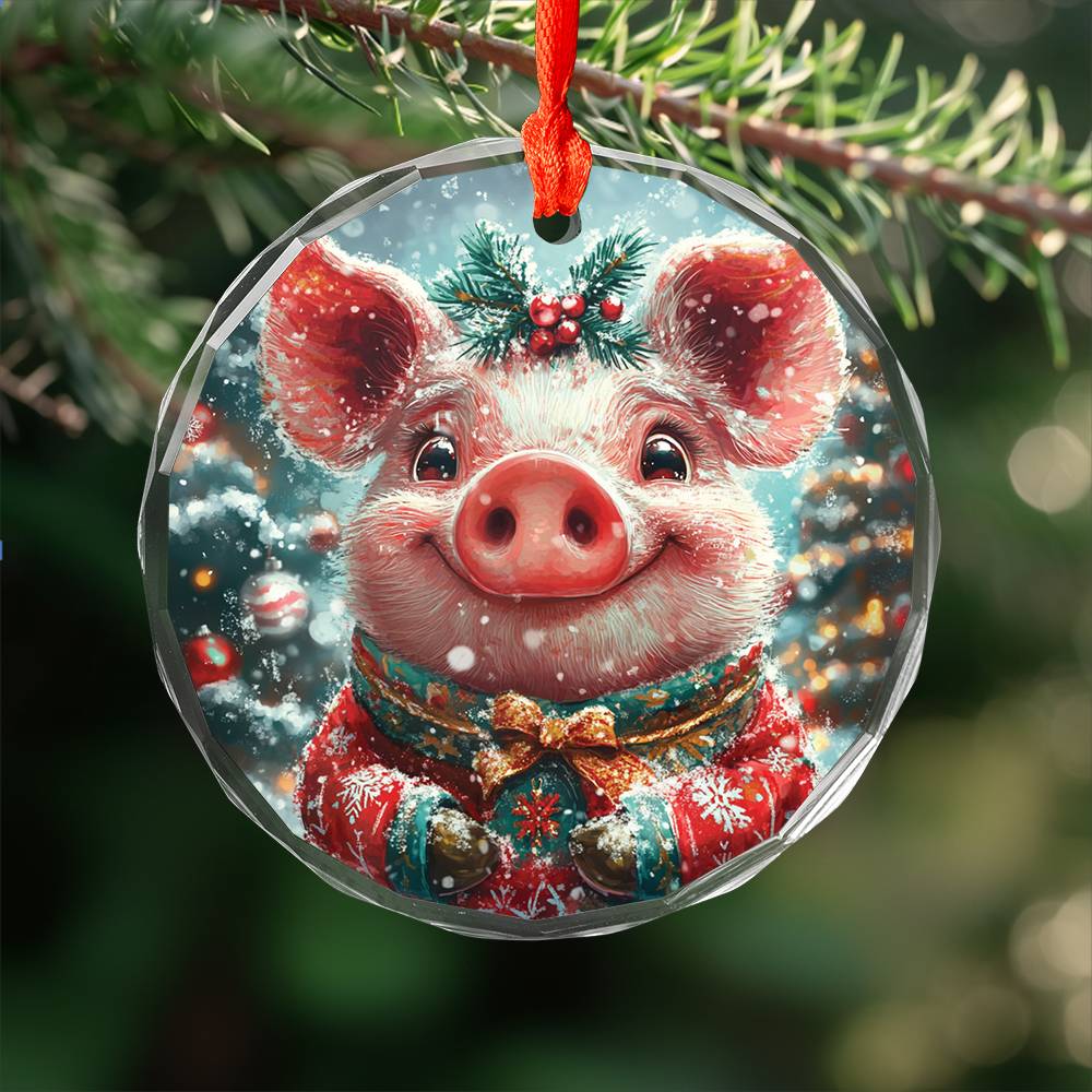 Beautiful Pig Christmas Night Design 4 Glass Ornament
