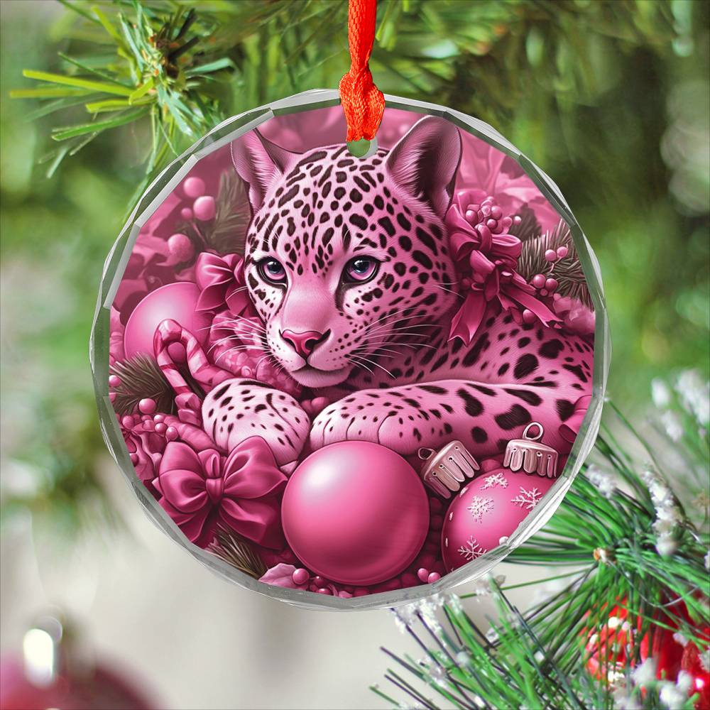 Jaguar Pink Christmas Design 1 Glass Ornament