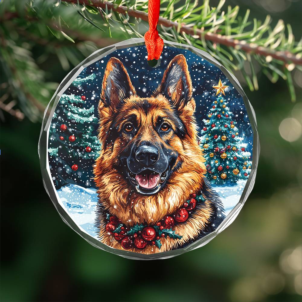 Beautiful Angus German Shepherd Dog Christmas Night Design 4 Glass Ornament
